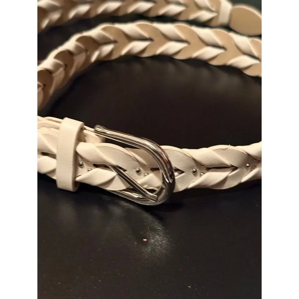 Cream Braided Skinny Belt Studded Boho Minimalist Western Style